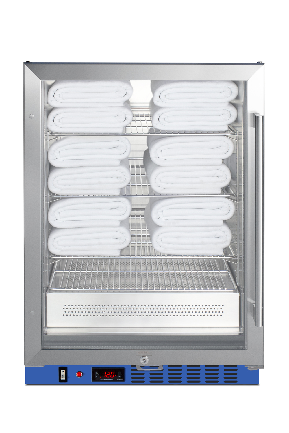 Undercounter single chamber passive heating blanket warmer with glass door, stainless steel interior and exterior, digital thermostat, and lock